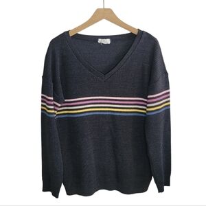 Hopely | Gray V-neck Colorful Chest Stripe Sweater